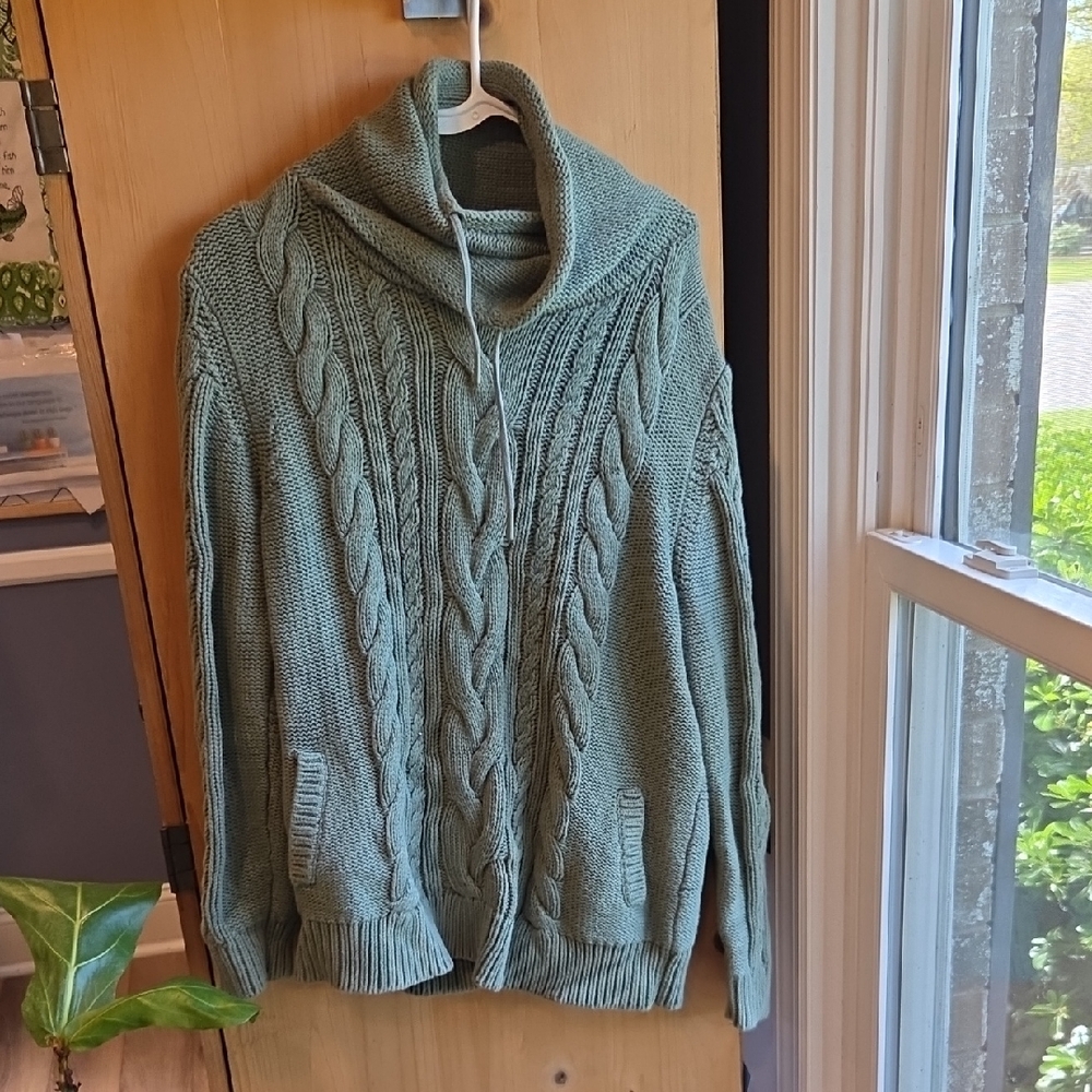 L.L. Bean Sage Green Cable Knit Cowl Sweater